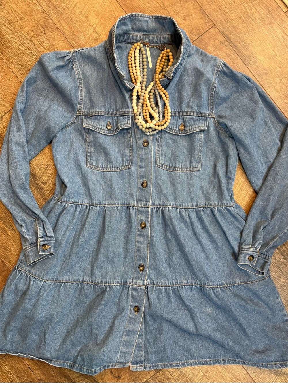Free People Denim Tiered Mini Shirt Dress Tunic Large - Picture 2 of 8